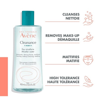 Eau Thermal Avène Cleanance 膠束水，臉部和眼部清潔劑，混合性至油性、易長痘或痤瘡的皮膚，瓶裝，400 毫升