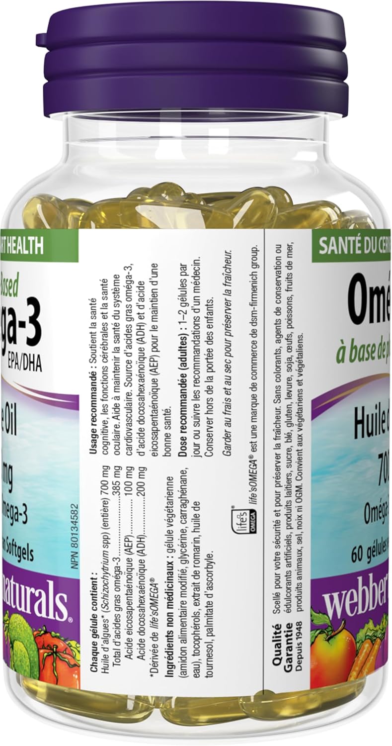 Webber Naturals Plant-Based Omega-3, 60 Softgels, Fish-Free Source of Omega-3, From Sustainably Cultivated Algae, Vegan