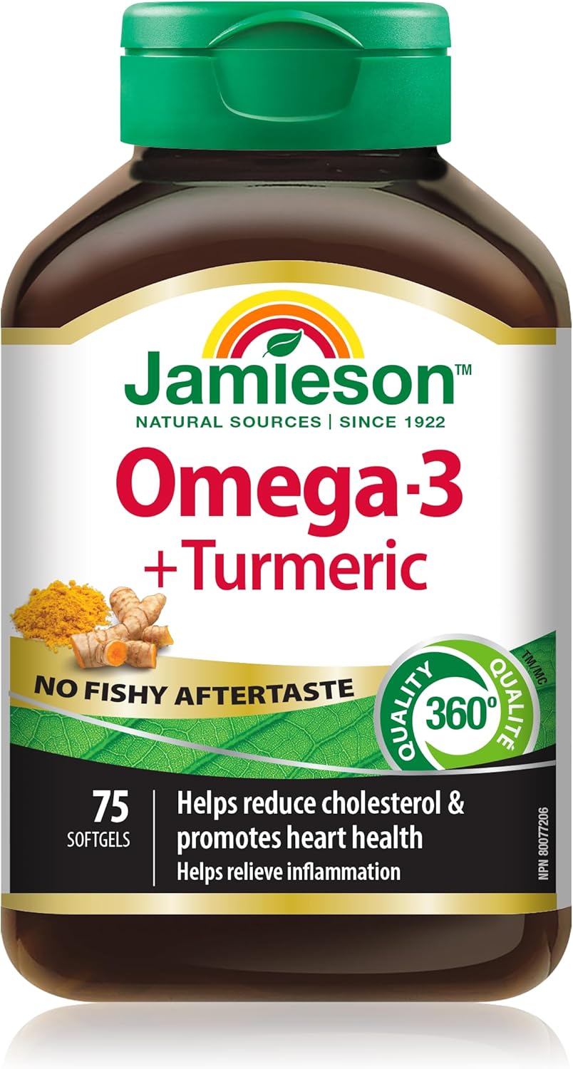 Jamieson Omega-3 + 姜黄软胶囊，无鱼腥味，支持心脏、大脑和关节健康。鱼油，降低胆固醇，缓解炎症，富含EPA和DHA，无麸质，75粒装，加拿大制造