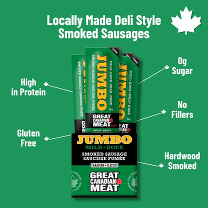 Mild Jumbo Smoked Sausages Locally Made & Hardwood Smoked, 10 x 72g Caddy of Meat Snacks by Great Canadian Meat, Gluten Free, High In Protein Meat Sticks, Sausage Pepperoni Sticks For Carnivores. MRE Perfect For Camping …