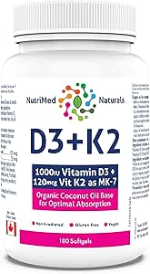 Nutrimed Naturals - D3 + K2，180 粒軟膠囊，180 天用量 - 以有機椰子油為基底，MK7 K2 維生素，促進骨骼和心臟健康，吸收效果最佳 - 經第三方測試 - 加拿大配製和製造