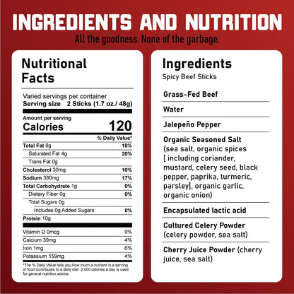 Nick's Sticks Spicy 100% Grass-Fed Beef Snack Sticks - Gluten Free - No Antibiotics or Hormones (6 Packages of 2 Sticks)
