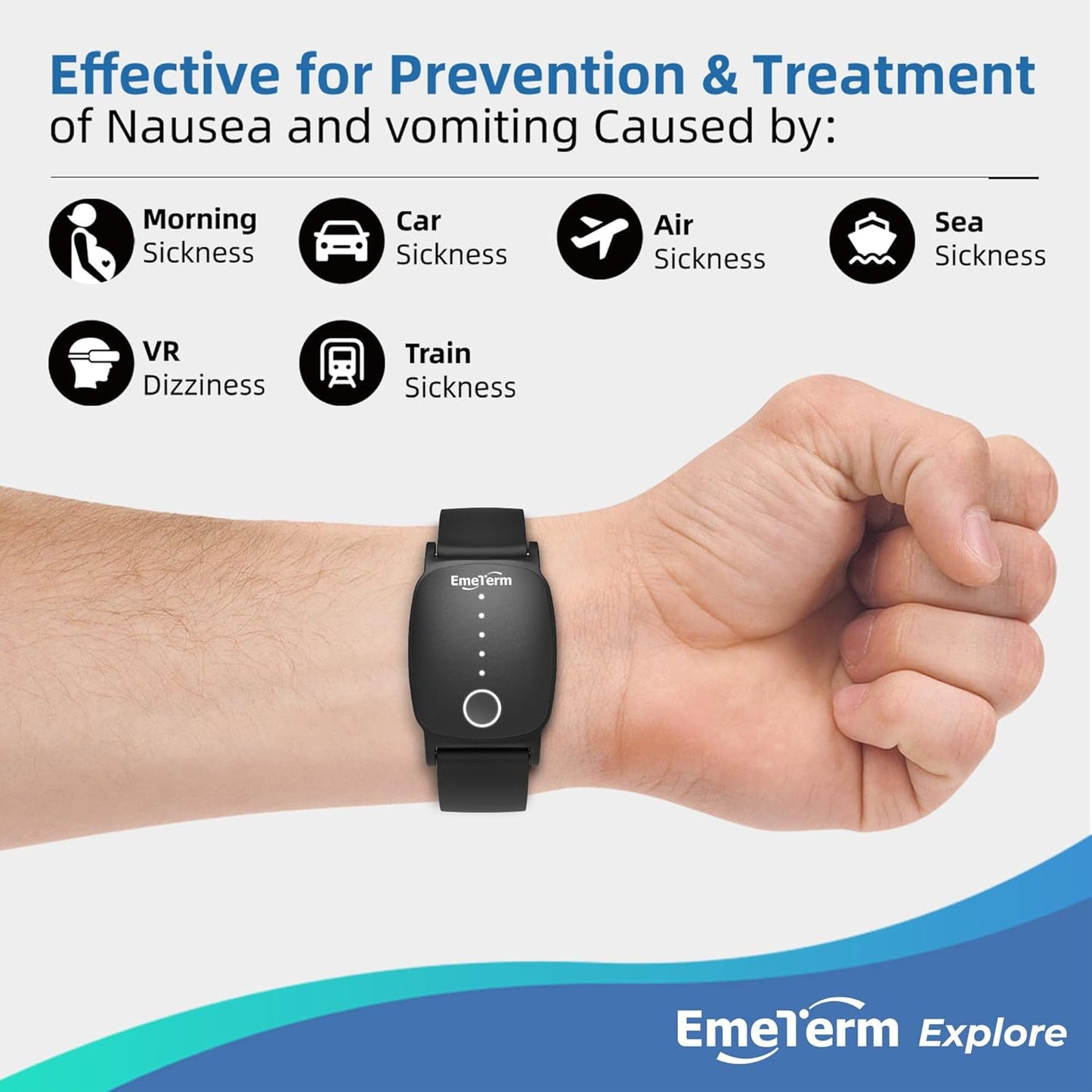 EmeTerm Explore Galaxy Black FDA Cleared Anti-Nausea Wristband IP67 Waterproof Morning Motion Travel Sickness Vomit Relief Rechargeable Classic Strap Design No Gel Drug Free Without Side Effects