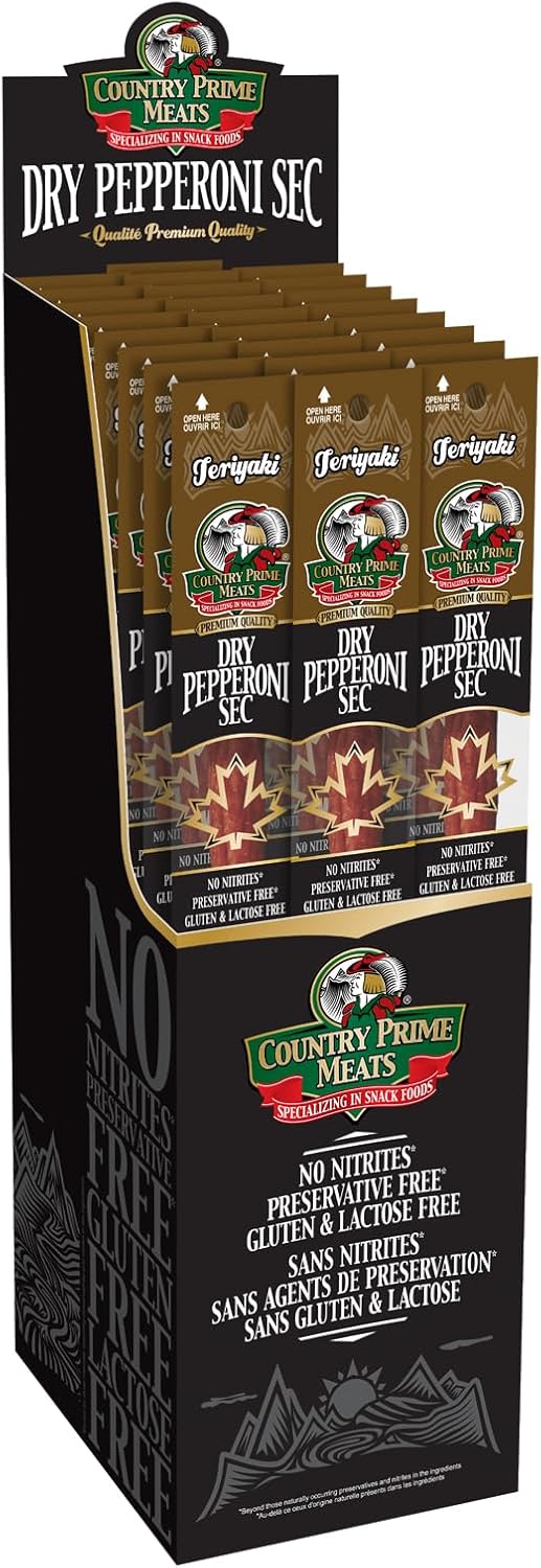 Country Prime Meats Teriyaki Dry Cured Pepperoni Sticks. 100% Canadian Made. High Protein Snack. No Nitrites, No Artificial Flavours, Naturally Smoked, Gluten Free. 40g (Pack of 25)