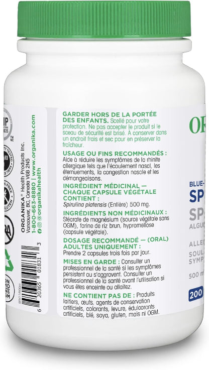 Organika Spirulina 500 Mg Blue Green Algae Allergy Relief, 200 count