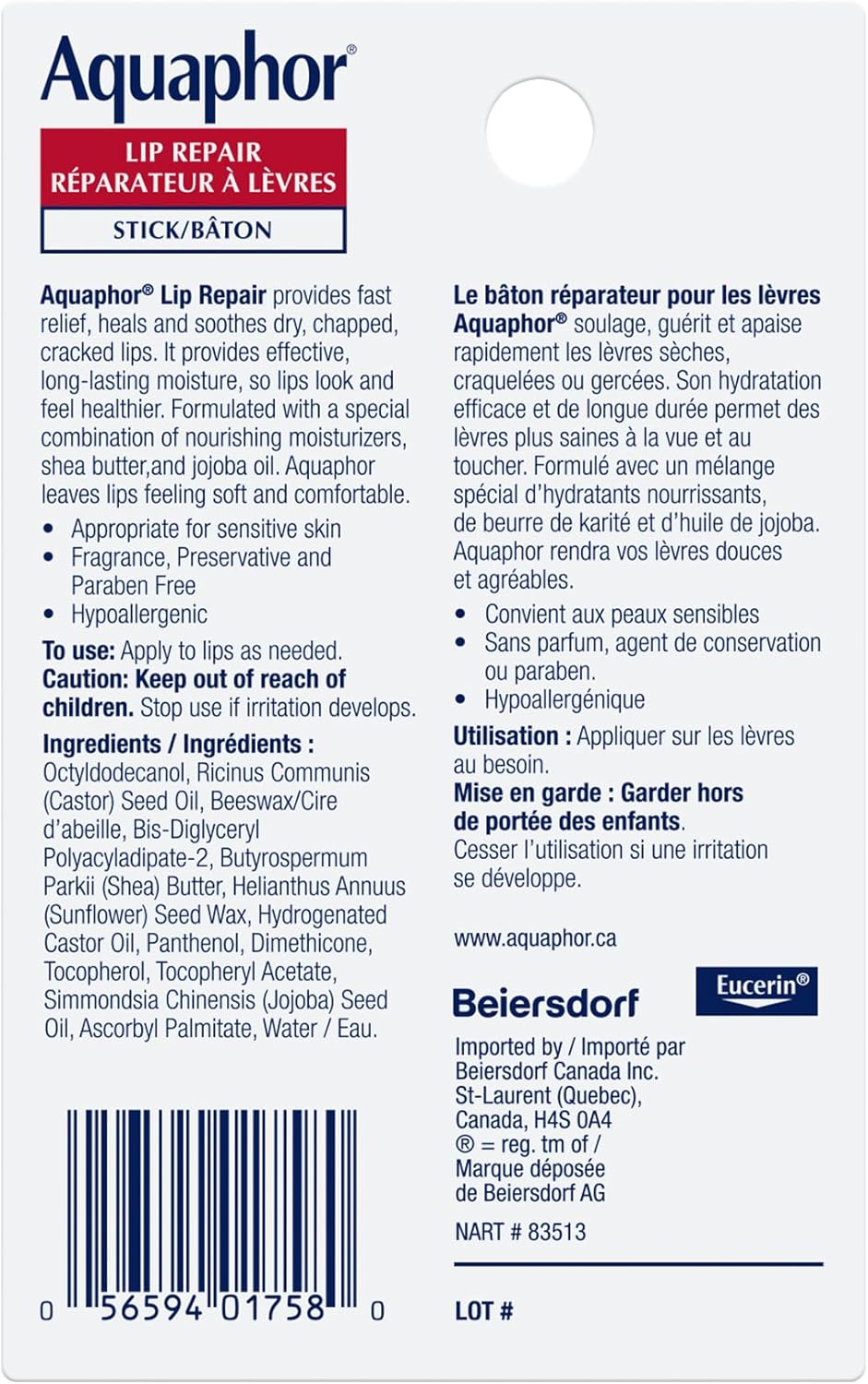 EUCERIN AQUAPHOR 唇部修復棒 DUO PACK 適用於乾燥、皸裂和開裂的嘴唇，2x4.8g