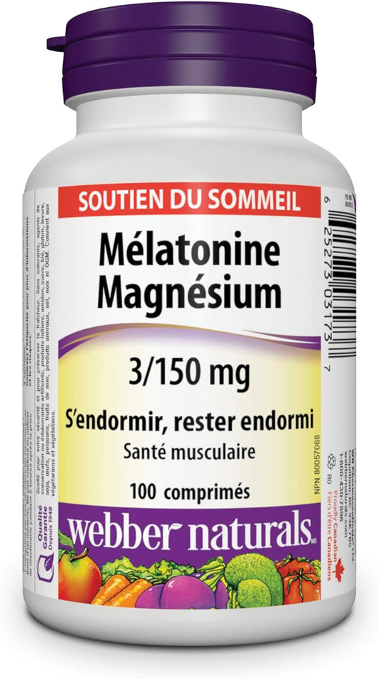 Webber Naturals Melatonin 3 mg with 150 mg of Magnesium, 100 Tablets, For Sleep Support, Muscle Function and Relaxation, Vegan