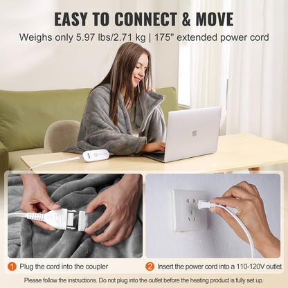 VEVOR 電熱毯，72 英寸 x 84 英寸全尺寸，柔軟法蘭絨加熱毯，帶 10 小時定時器自動關閉和 5 個加熱級別，適用於沙發，可機洗，ETL 和 FCC 認證（灰色）