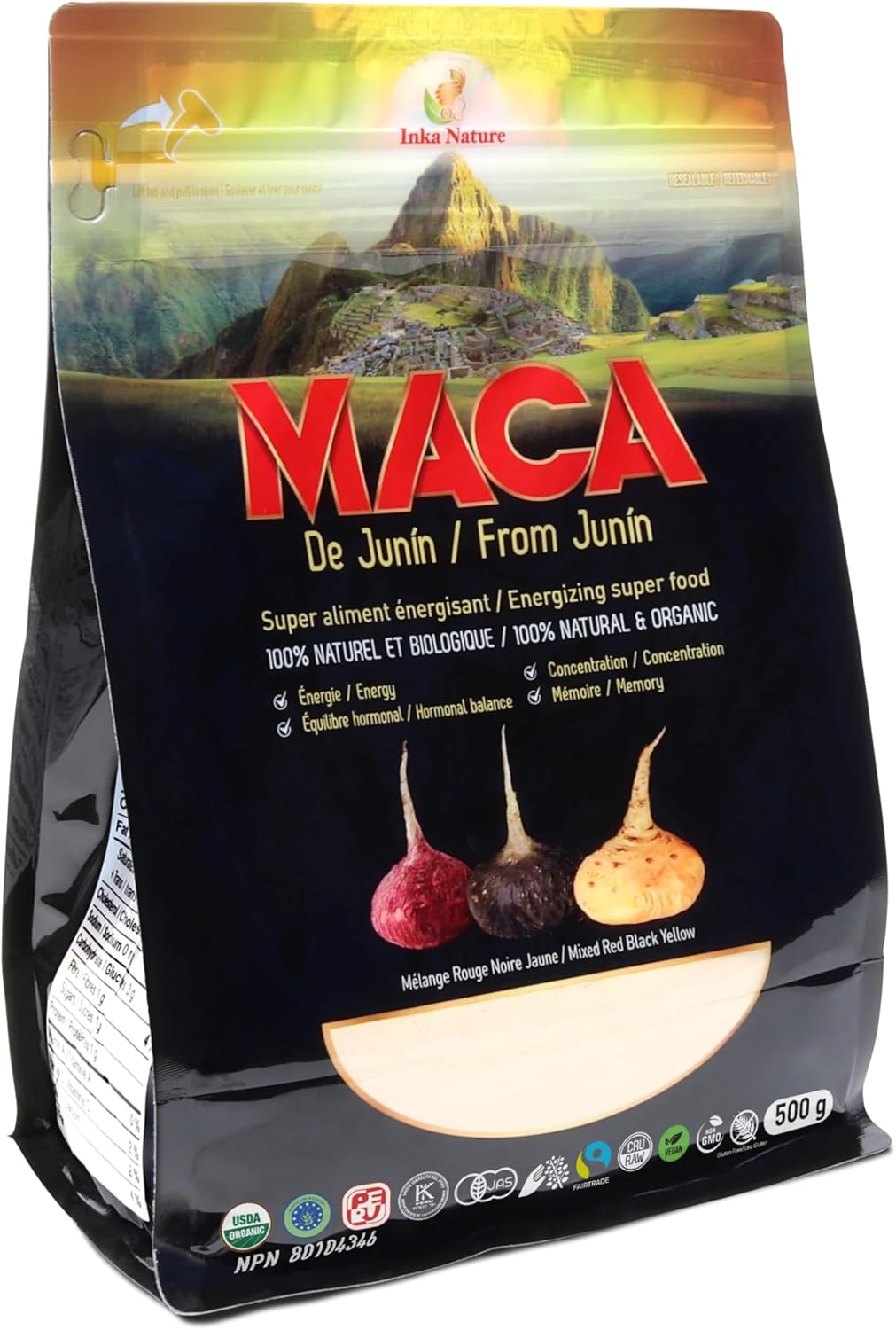 Inka Nature 瑪卡粉，產自胡寧，500克，100份，瑪卡根，男女適用，支持能量和耐力，促進荷爾蒙平衡，增強注意力、集中力、學習能力和記憶力，純素食
