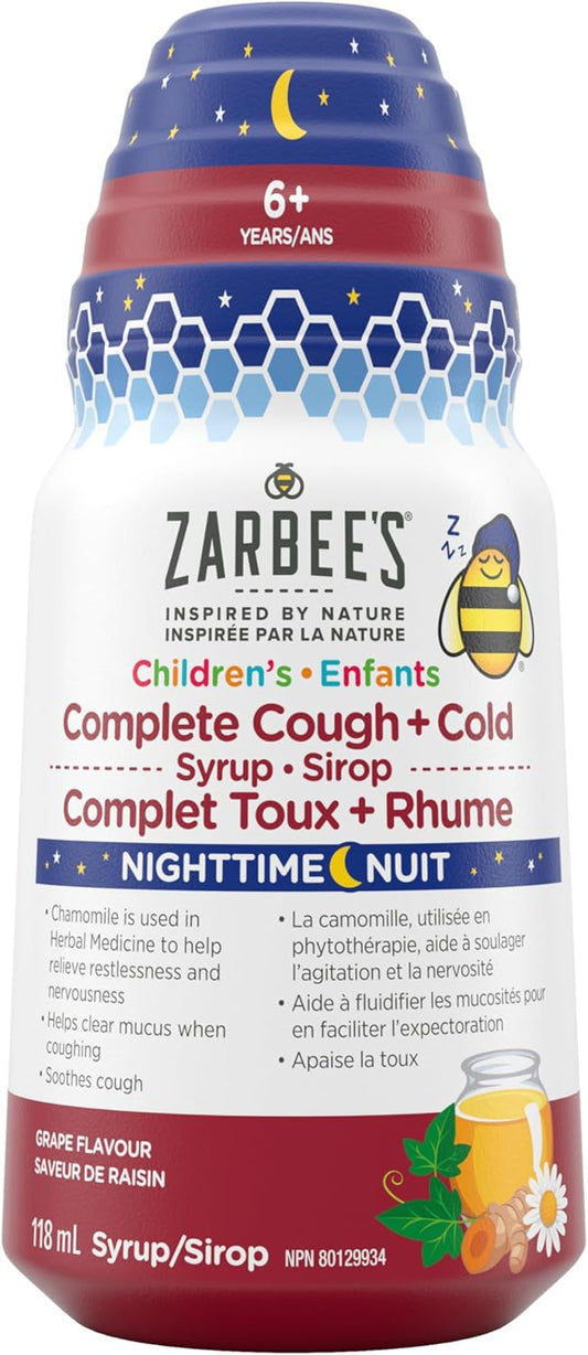 Zarbee’s® Children’s Nighttime Complete Cough + Cold Syrup, for Kids 6+, Honey, Chamomile, Ivy Leaf Extract, Zinc & Turmeric Root, Dye-Free, Grape, 118 mL