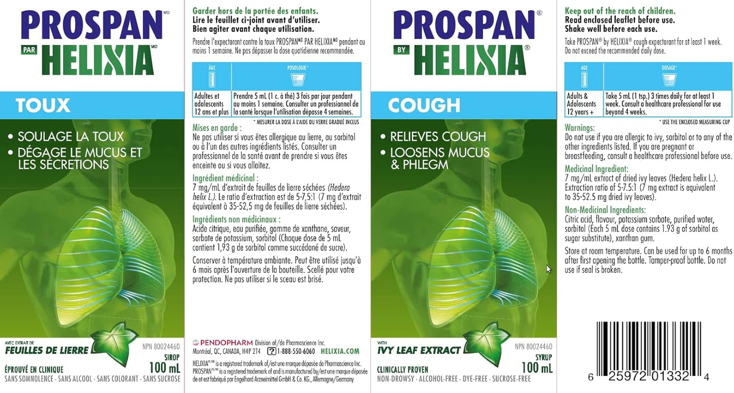 Helixia Prospan 天然止咳糖浆，含常春藤叶提取物 - 祛痰，帮助消除粘液和痰 - 成人止咳缓解（100毫升）