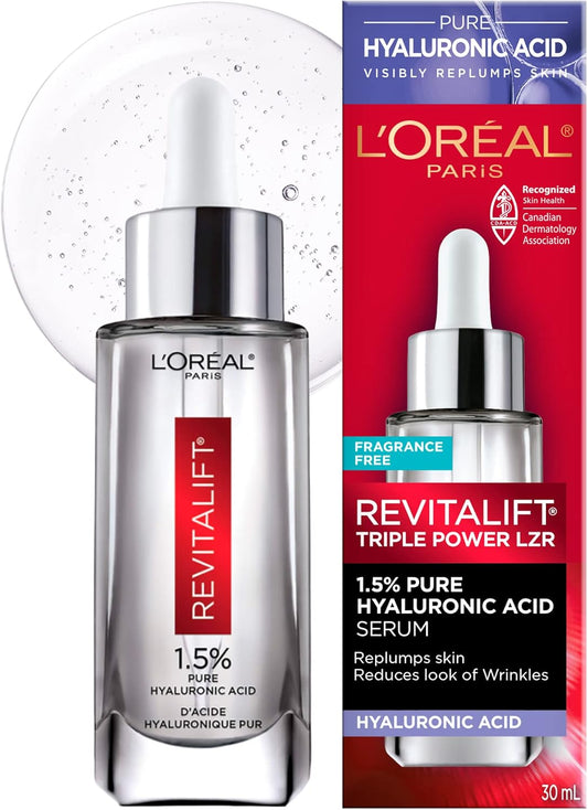 L'Oreal Paris 1.5% Pure Hyaluronic Acid Serum, Face Serum to Hydrate and Plump Skin, Reduces the Look of Wrinkles, Revitalift, For All Skin Tones & Types, Non Comedogenic, 30ml