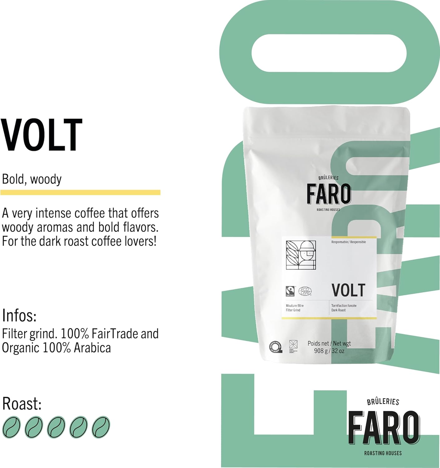Café FARO VOLT 特色咖啡，深度烘焙研磨咖啡，濃鬱醇厚的風味，美國農業部公平貿易和猶太潔食認證有機咖啡，產自南美和中美洲的研磨咖啡 - (908克/32盎司)