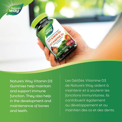 Nature's Way 維生素 D 軟糖 - 免疫和骨骼支持 - 每顆軟糖含 1000 IU 維生素 D3 - 草莓、桃子和芒果味軟糖 - 60 顆軟糖