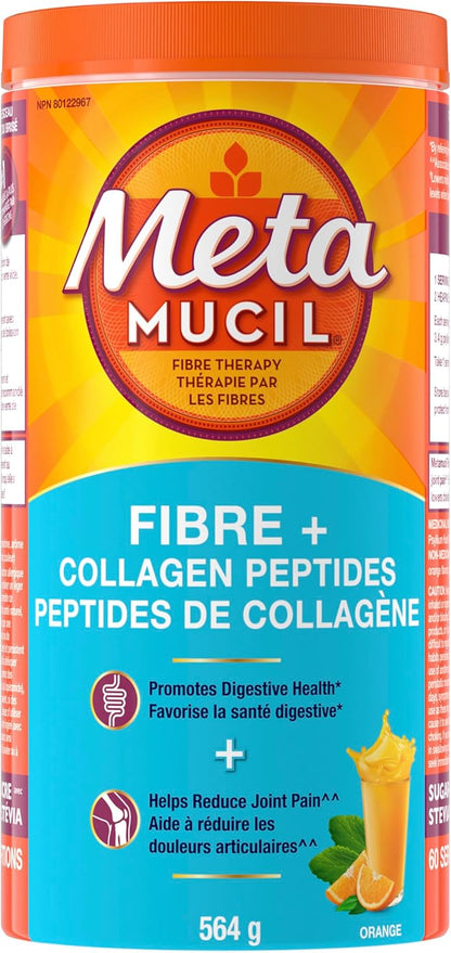 Metamucil Daily Fibre + Collagen Peptides, Psyllium Husk Powder, Plant Based Sugar-Free with Stevia, Orange Flavoured, 60 Servings (564 g)