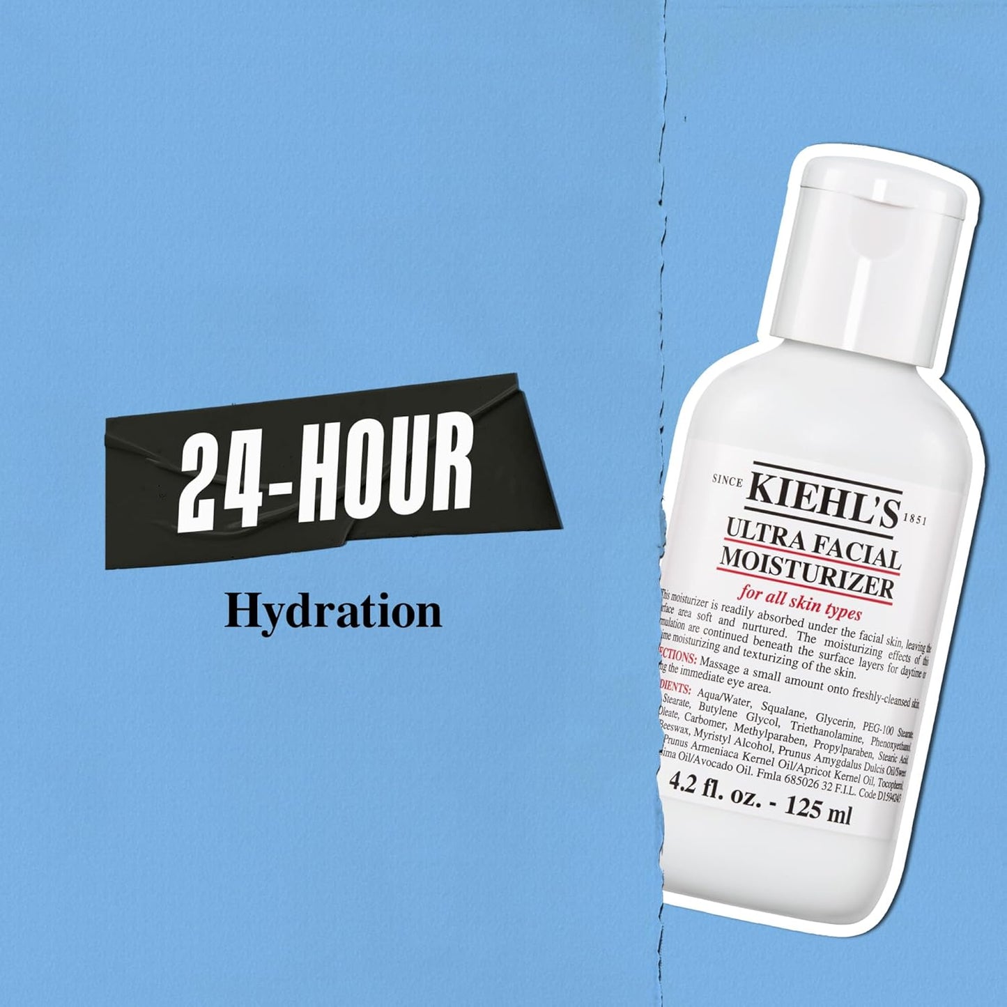 Kiehl's Ultra Facial Moisturizer, for Easy Daily Hydration, Infused with Squalane and Glycerin, Replenishes Moisture Barrier and Softens Skin, Suitable for All Skin Types, Fragrance-Free