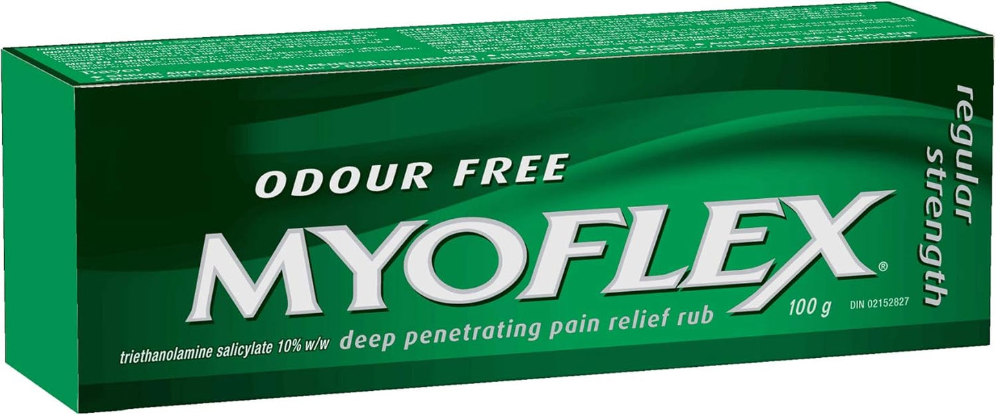 Myoflex 止痛膏 | 无味 | 深层缓解肌肉酸痛和关节痛 | 不含薄荷醇 | 无污渍 | 不油腻 | 适合 2 岁以上 | 100 克（常规强度）