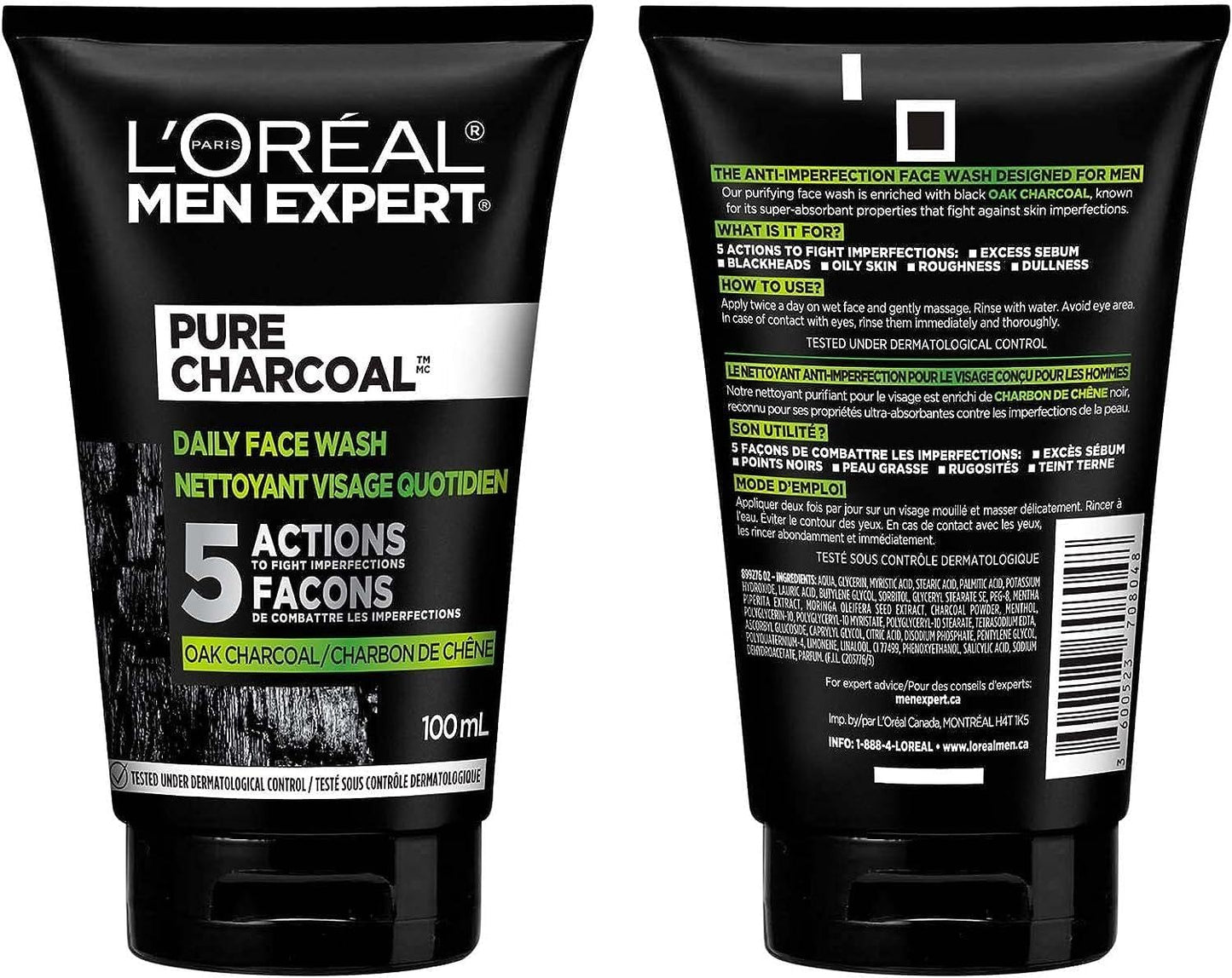 L’Oréal Paris Men Expert Pure Charcoal Daily Face Wash for Men, Formulated with Black Charcoal & Salicylic Acid to Reduce Oily Skin and Blackheads, 100 ml