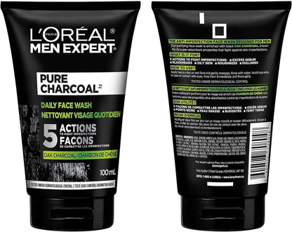 L’Oréal Paris Men Expert Pure Charcoal Daily Face Wash for Men, Formulated with Black Charcoal & Salicylic Acid to Reduce Oily Skin and Blackheads, 100 ml