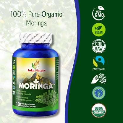 INKA NATURE 辣木，100 粒素食膠囊 - 超營養，非基因改造 - 純辣木葉增強免疫力 - 有機成分 - 素食認證 - 天然健康補充劑