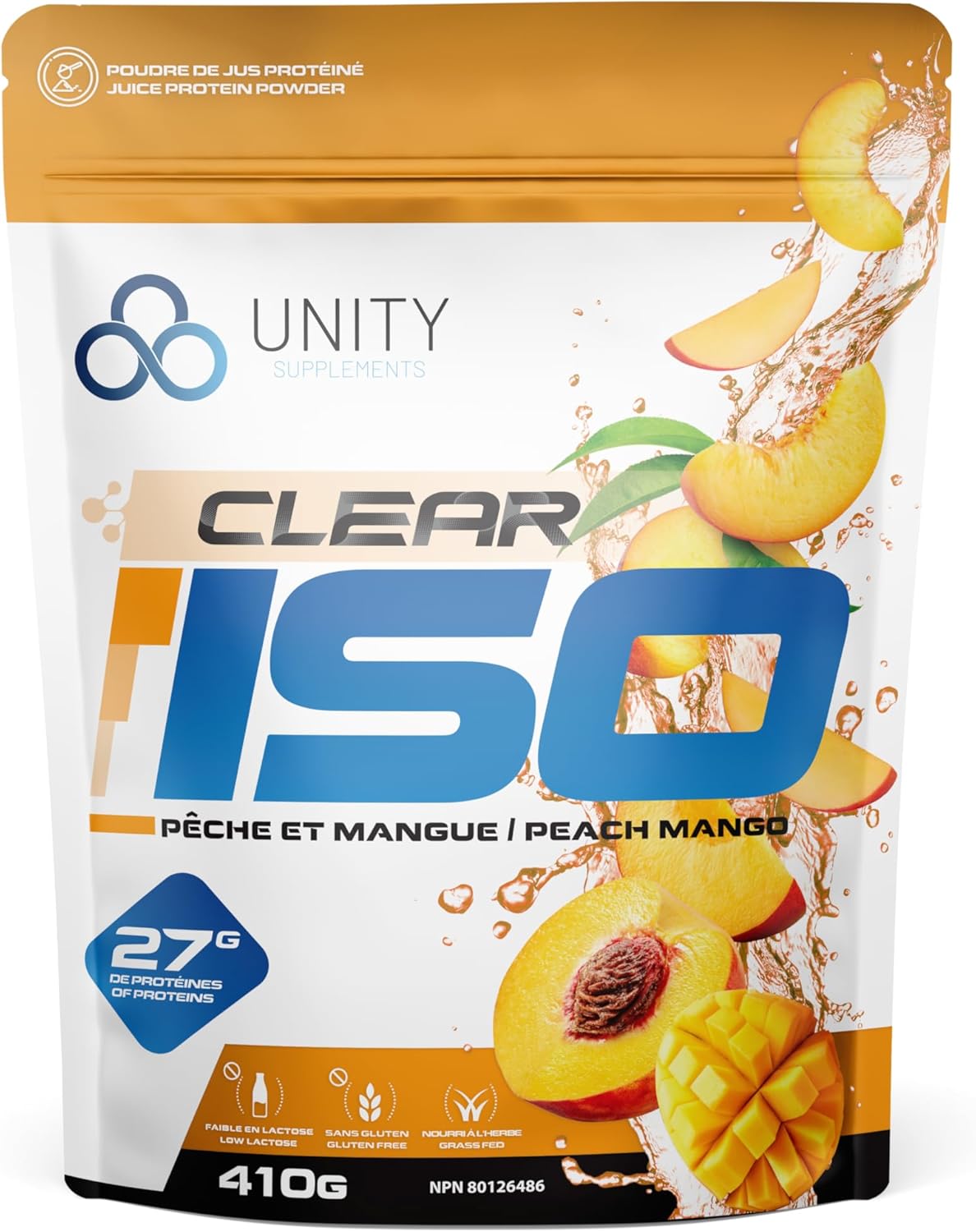 Unity Supplements CLEAR ISO 蛋白粉 - 草飼乳清分離蛋白 - 果汁質地 - 運動後恢復飲料混合物 - 酮類友好且無糖 - 每份含 27 克蛋白質 - 410 克（桃芒果味）