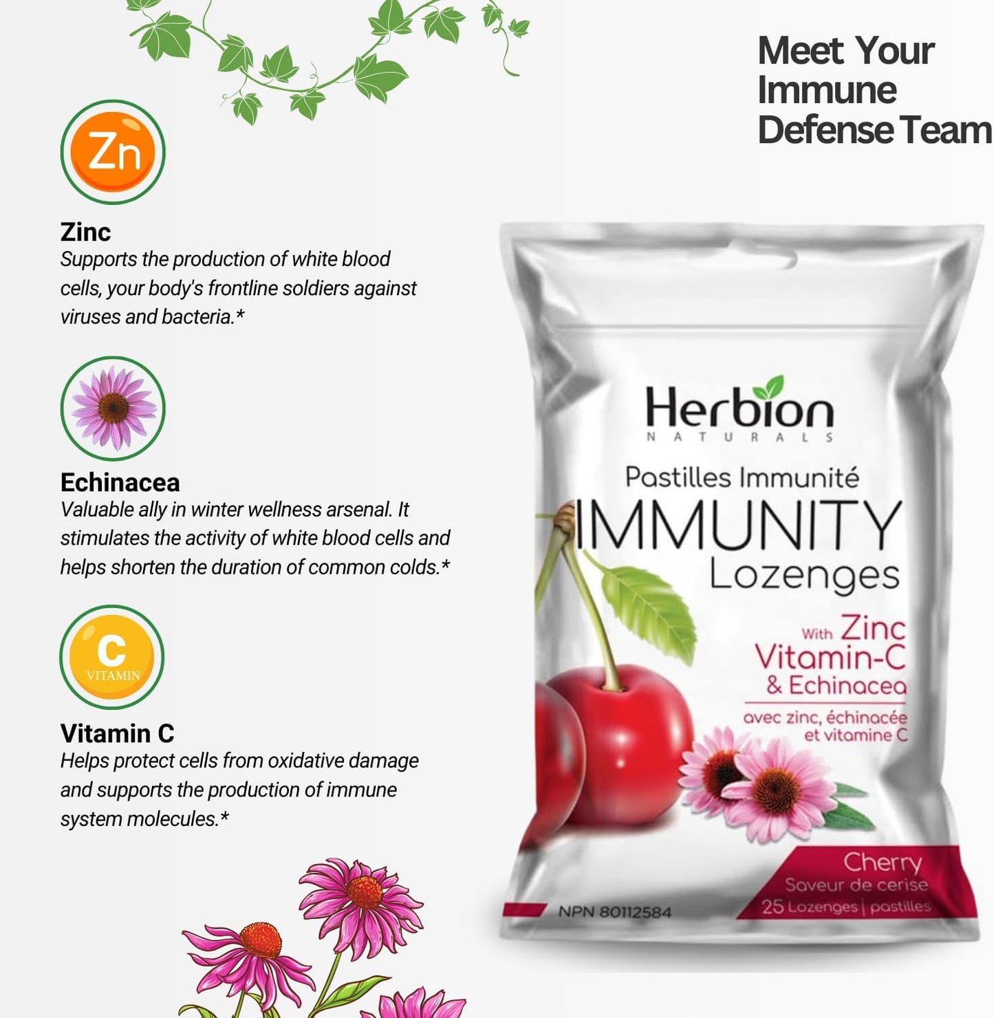 Herbion Naturals 免疫润喉糖，含锌、维生素 C 和紫锥菊，抗氧化剂来源，帮助维持和支持免疫系统，促进成人和 6 岁以上儿童的健康，25 粒，樱桃味