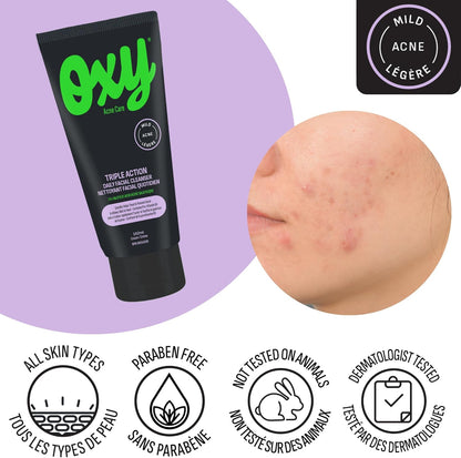 Oxy 三重功效日常洁面乳，经临床验证含有水杨酸 (1.0%) – 适用于轻度痤疮 – 有助于治疗痤疮和预防痤疮爆发 – 不含对羟基苯甲酸酯和防腐剂 – 经皮肤科医生测试