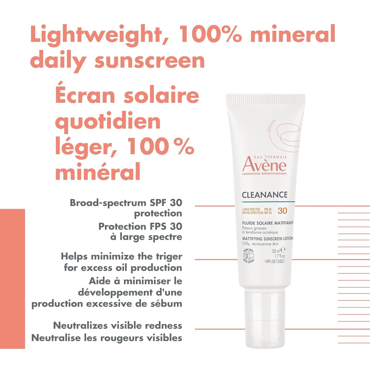 Eau Thermale Avene Cleanance Mattifying Sunscreen Lotion SPF 30, Daily Face Moisturizer Sun Protection, 40 ml