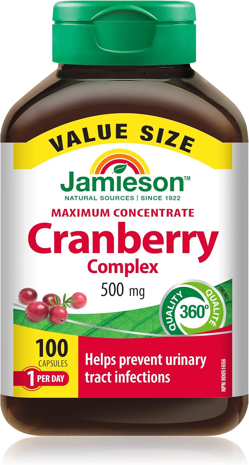 Jamieson蔓越莓复合物，含450毫克蔓越莓提取物和50毫克D-甘露糖，具有抗氧化功效，浓缩精华，并能预防尿路感染。非转基因，无麸质，100粒素食胶囊