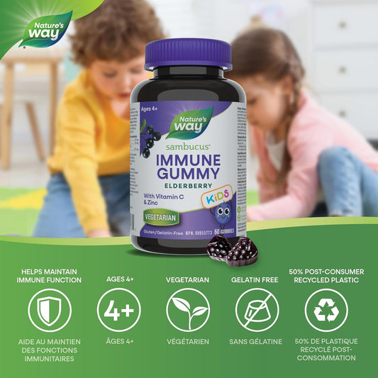 Nature's Way Sambucus Immune Cold and Flu Care Elderberry Gummies with Vitamin C and Zinc - Immune Support for Kids 4+, 60 Gummies