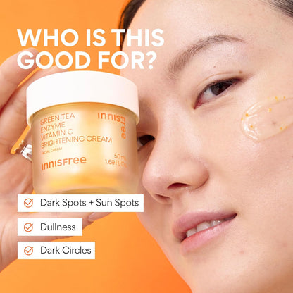 innisfree Green Tea Enzyme Vitamin C Brightening Cream, Korean Face Moisturizer for Dark Spots, Hydration & Radiant Skin