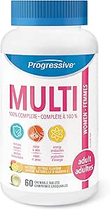 Progressive 成人女性複合維生素 - 60 片咀嚼片 | 含蔓越莓、達米阿那萃取物、綠色食品濃縮物、綠茶、輔酶 Q10、瑪卡、維生素 K2、維生素 D3 和穀胱甘肽