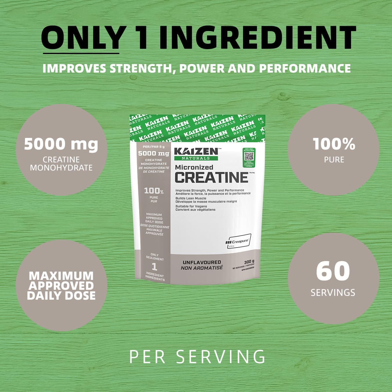 Kaizen Naturals Micronized Creatine Monohydrate, Unflavoured, 300g, Pouch