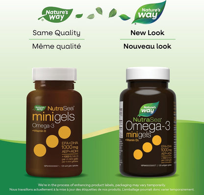 Nature's Way NutraSea Plus 維生素 D 迷你凝膠 - 1000 毫克 EPA 和 DHA，1000 IU 維生素 D3 - 支持健康的心臟和大腦，幫助強健骨骼和牙齒，幫助支持免疫系統 - 清新薄荷味健康補充劑…