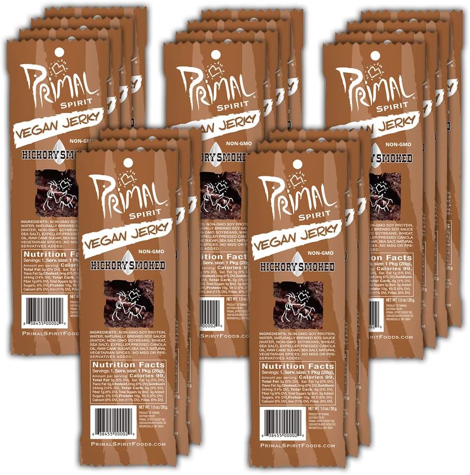 Primal Spirit Vegan Jerky - Classic Flavor - Teriyaki, Plant Based Protein, Certified Non-GMO, No Preservatives (12 Pack, 1 oz)