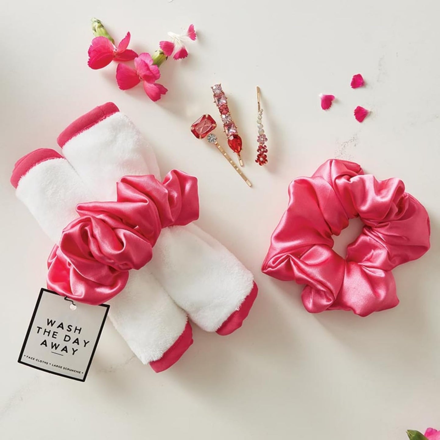 Bella Sleep + Spa Reusable Makeup Remover Facial Cloths and Scrunchie Facial Care Set, 3-Piece, Hot Pink