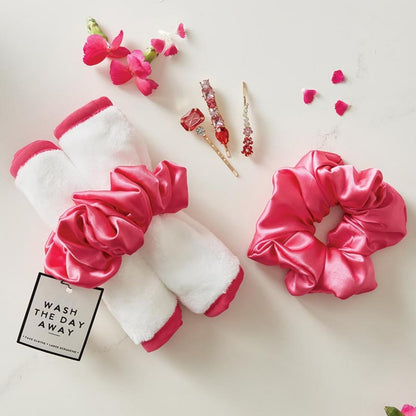 Bella Sleep + Spa Reusable Makeup Remover Facial Cloths and Scrunchie Facial Care Set, 3-Piece, Hot Pink