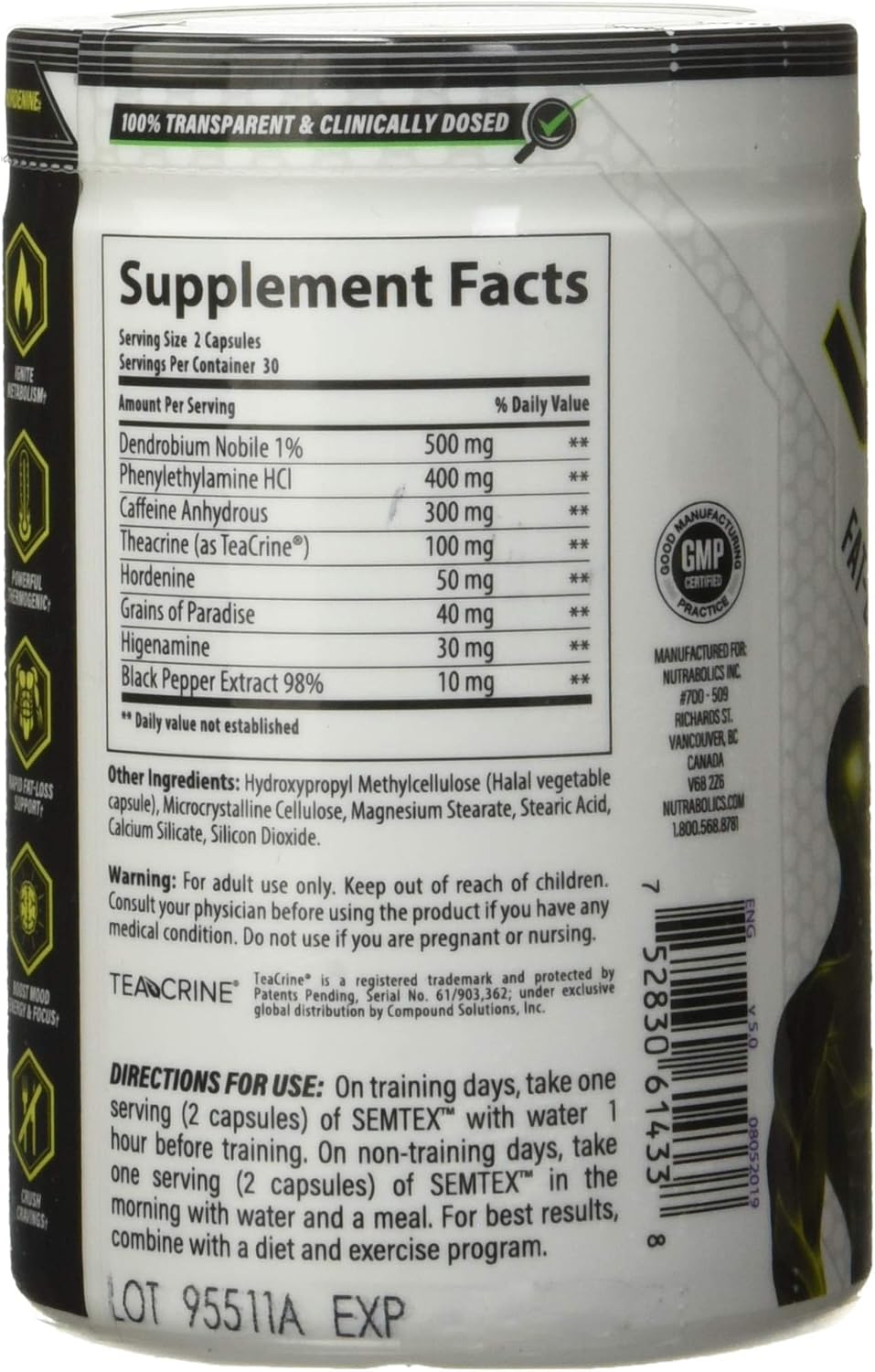 NUTRABOLICS Semtex 60 粒胶囊 - 减肥补充剂和能量增强剂，强效燃脂配方，产热运动前补充剂，