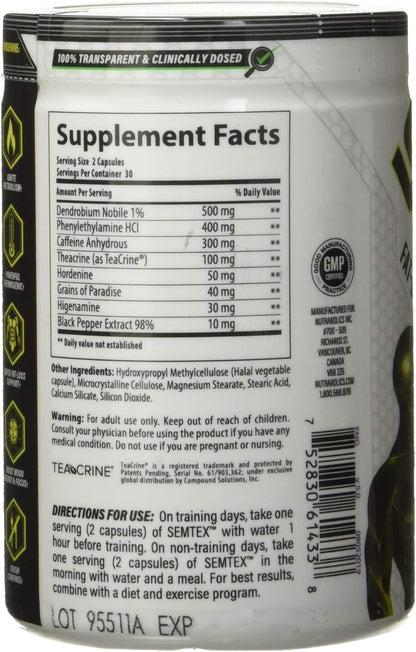 NUTRABOLICS Semtex 60 粒胶囊 - 减肥补充剂和能量增强剂，强效燃脂配方，产热运动前补充剂，