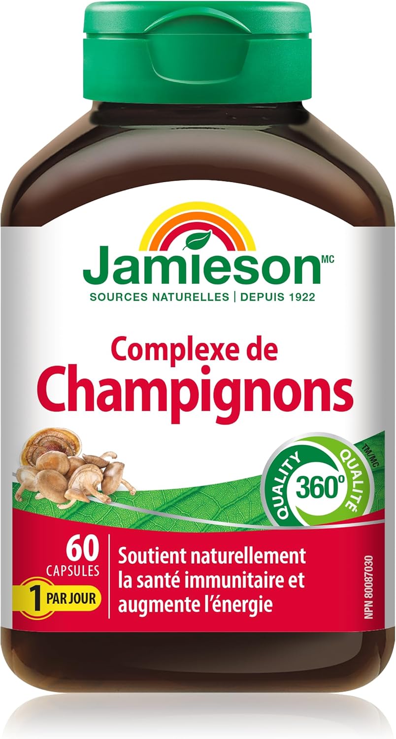 Jamieson Mushroom Complex, with Reishi, Lion's Mane, Chaga, Shiitake, and Garlic. Supports Immune Health, Energy, Resistance to Stress, and Heart Health, Non-GMO, Gluten-Free, 60 Capsules, Proudly Canadian