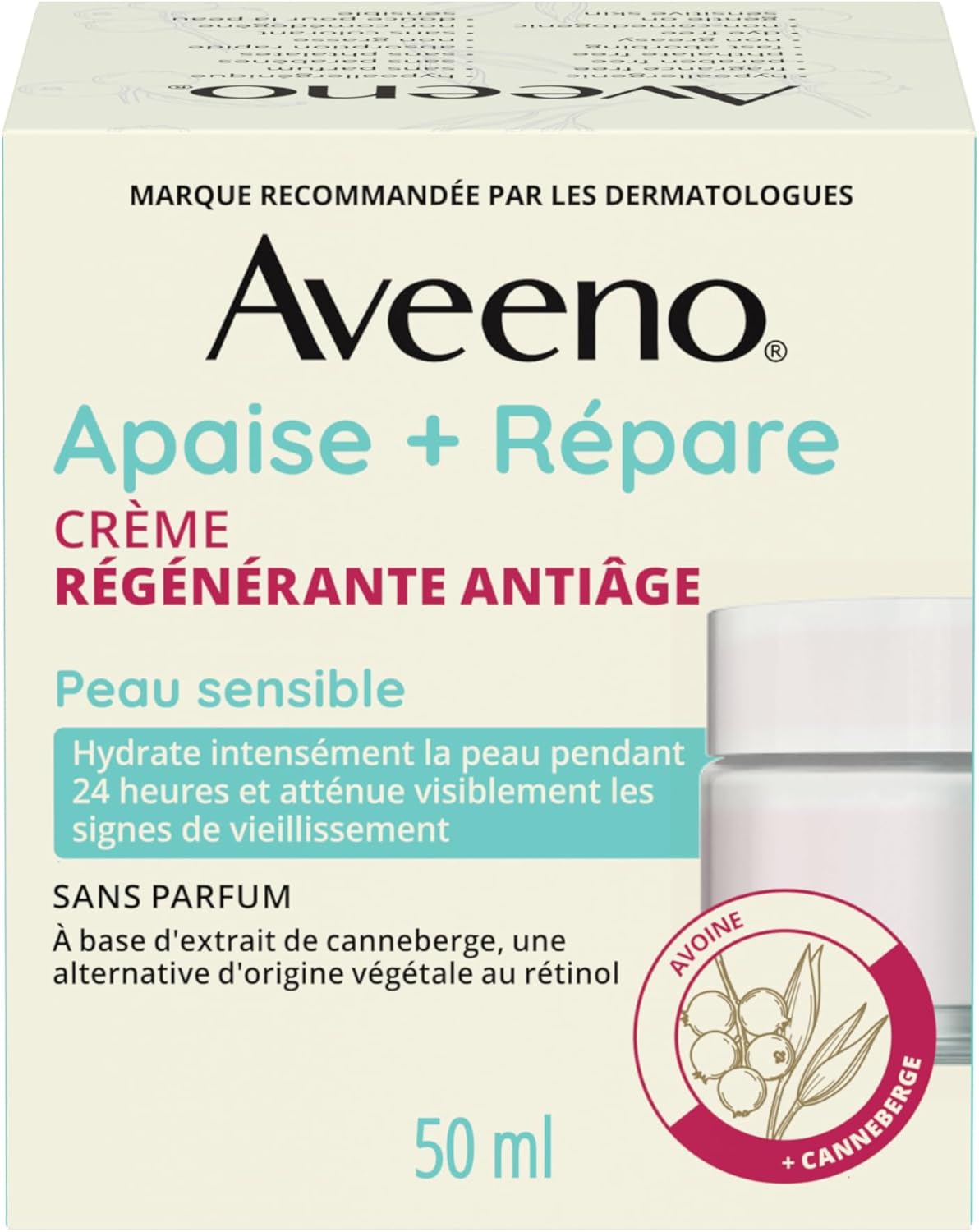 Aveeno Calm + Restore 抗衰老焕肤霜，燕麦、烟酰胺、天然视黄醇替代品，抗衰老干性皮肤保湿霜，无香型，50 毫升