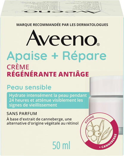 Aveeno Calm + Restore 抗衰老焕肤霜，燕麦、烟酰胺、天然视黄醇替代品，抗衰老干性皮肤保湿霜，无香型，50 毫升