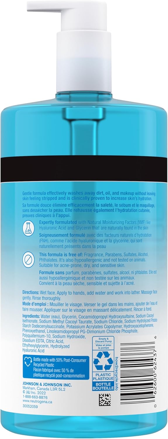 Neutrogena Hydro Boost Fragrance-Free Hydrating Cleansing Gel, Foaming, Facial Cleanser, Hyaluronic Acid, Paraben Free, 473-mL
