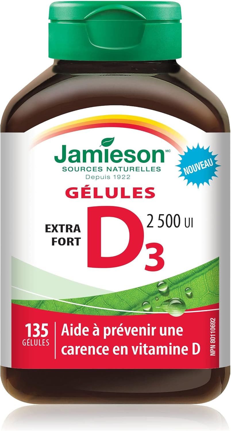 Jamieson 維生素 D3 2,500 IU 軟膠囊，易吞嚥，支持免疫健康，強化骨骼和牙齒，增強鈣和磷的吸收。非基因改造，無麩質，每日一粒，135 粒，加拿大製造