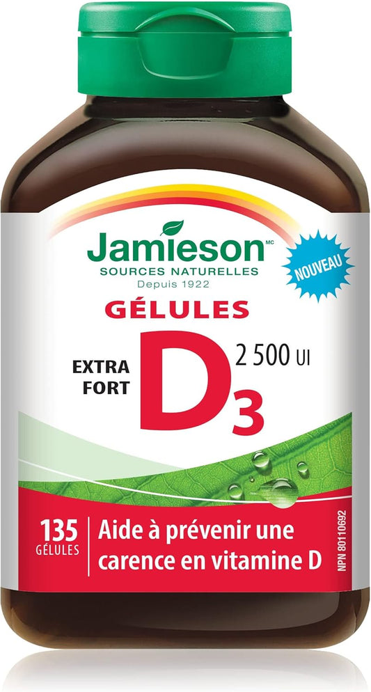 Jamieson 维生素 D3 2,500 IU 软胶囊，易于吞咽，支持免疫健康，强健骨骼和牙齿，增强钙和磷的吸收。非转基因，无麸质，每日一粒，135 粒，加拿大制造