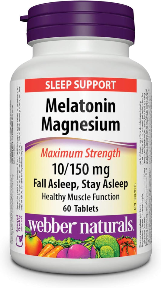 Webber Naturals Melatonin 10 mg with 150 mg of Magnesium, 60 Tablets, For Sleep Support, Muscle Function and Relaxation, Vegan