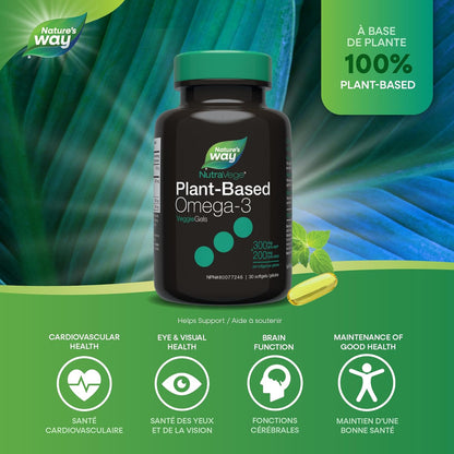 Nature's Way NutraVege 植物性 Omega-3 素食膠囊 - 適合素食主義者的 Omega-3 補充劑，含 300 毫克 EPA + 200 毫克 DHA - 清新薄荷口味 - 支持成人的心臟、眼睛和大腦功能，30 粒軟膠囊