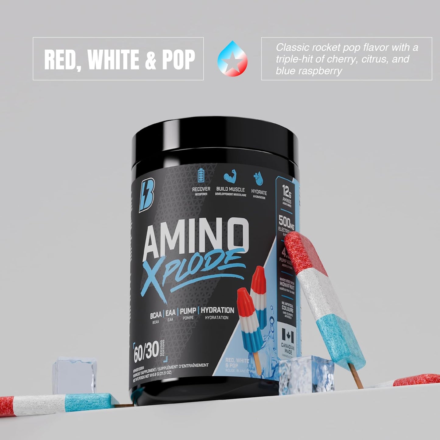 BULL Nutrition Amino Xplode – 12克 EAA/BCAA + 4.5克 Pump 和 500毫克電解質水合混合物 – 加拿大製造 – 60/30 份 – 火箭汽水口味（紅、白和汽水）