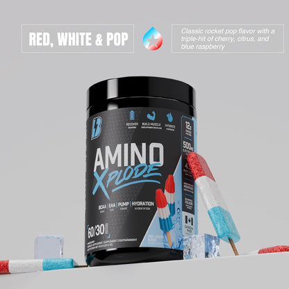 BULL Nutrition Amino Xplode – 12克 EAA/BCAA + 4.5克 Pump 和 500毫克電解質水合混合物 – 加拿大製造 – 60/30 份 – 火箭汽水口味（紅、白和汽水）