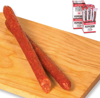 Hot Pepperoni Sticks Box, 18 x 22g Caddies by Great Canadian Meat, Meat Stick Snacks, Bulk Pepperoni Sticks Box for Carnivores. Perfect for Snacking, Gluten Free, High in Protein'